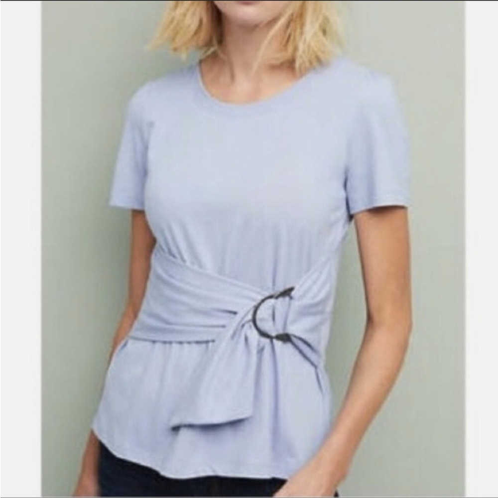 Anthropologie Maeve Dakota Light Blue Belted Wrap‎ Short Sleeve Shirt